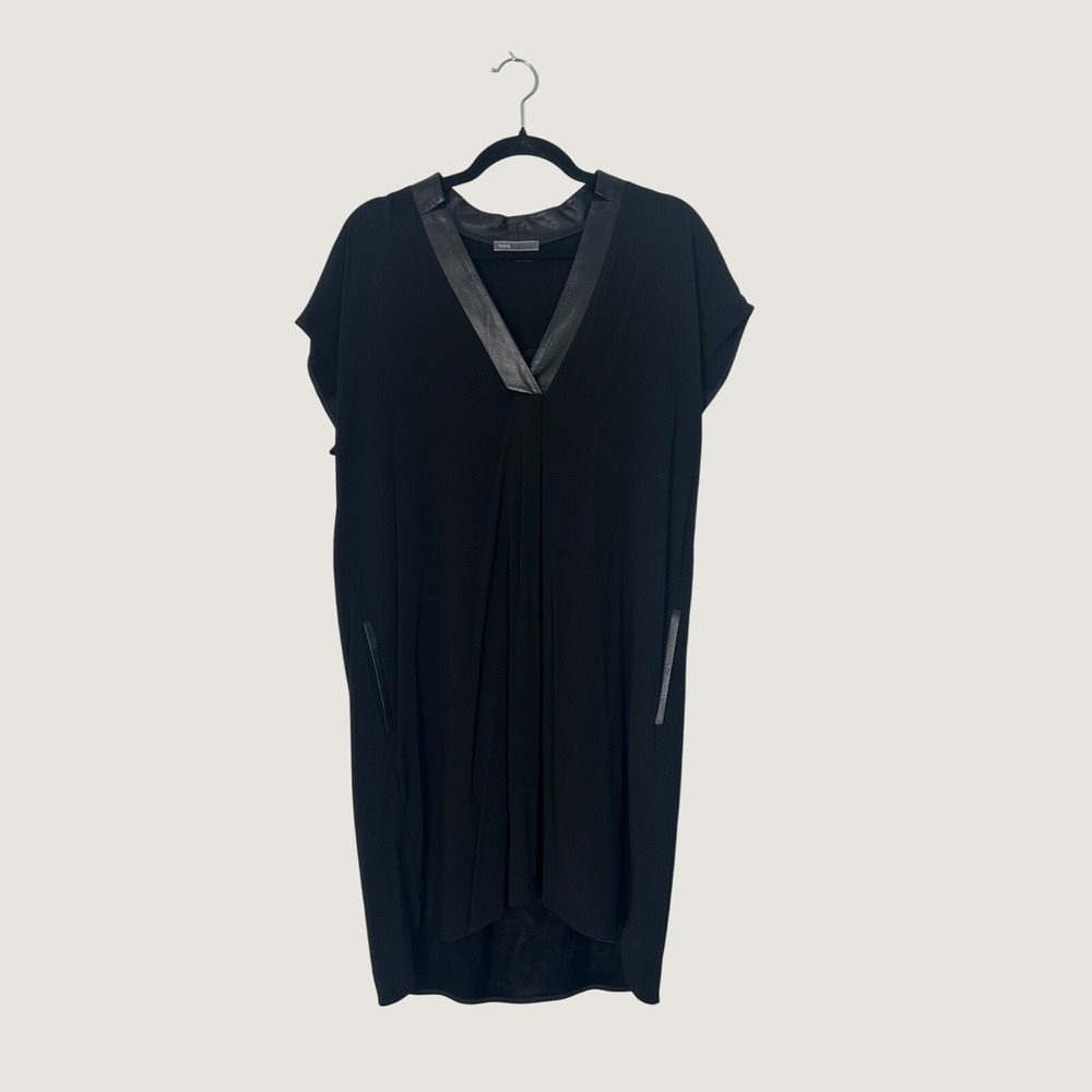 Vince Shift Dress Womens Size M Black Leather Trim V-Neck Quiet Luxury Old Money